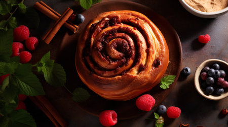 Sweet cinnamon buns with raspberries and blueberries, top viewの素材