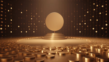 golden pedestal on a golden background with sequins. 3d renderingの素材