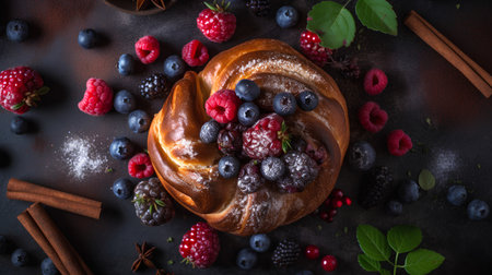 Sweet bun with berries and cinnamon on a dark background, top viewの素材