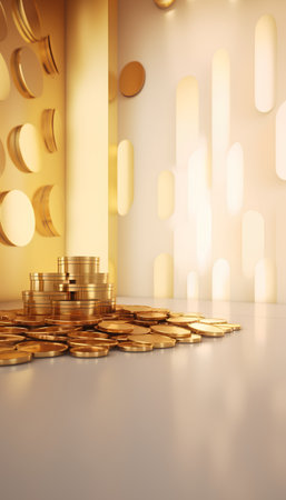 golden coins on the floor with bokeh background. 3d illustrationの素材