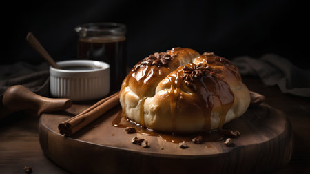Homemade buns with caramel and nuts on a wooden board.の素材
