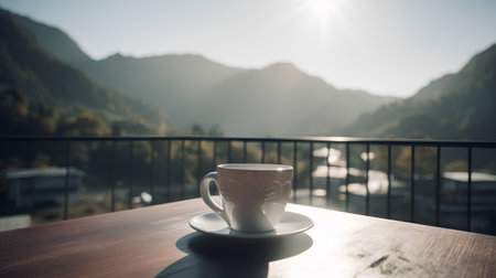 Coffee cup on the balcony with beautiful view on mountains.の素材