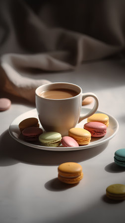 Cup of coffee and colorful macaroons on a white tableの素材