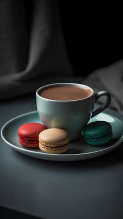 Cup of coffee and macaroons on a black background.の素材