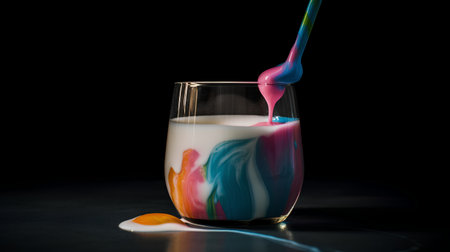 Pouring milk into a glass with colorful splashes on black backgroundの素材