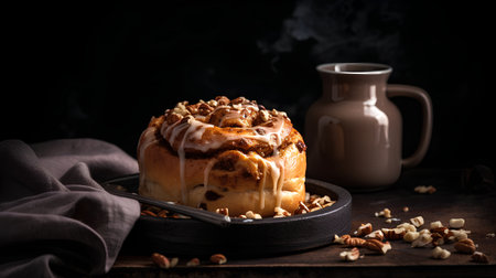 Cinnamon roll with nuts on a dark background. Selective focus.の素材