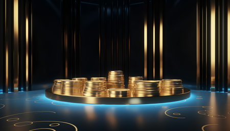 golden coins on a black background. 3d illustration, 3d renderingの素材