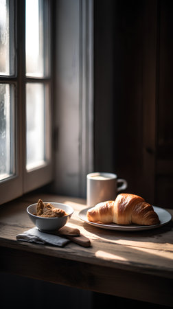 Breakfast with coffee and croissants on the table in the morning lightの素材