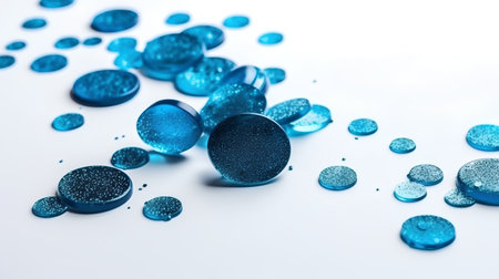 Blue drops of water on a white background. Shallow DOFの素材