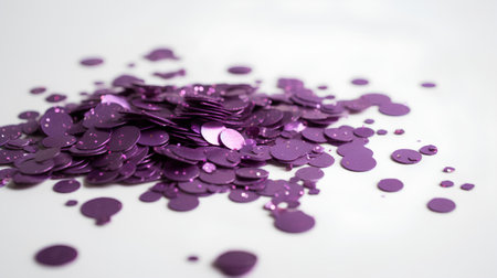 Purple glitter confetti on white background. Shallow dof.の素材