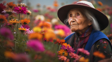 Old asian woman with flowers in the flower field, Thailand.の素材