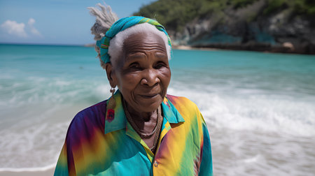 Portrait of an elderly African woman on a tropical beach, Thailandの素材