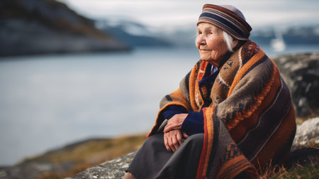 Elderly woman in a knitted hat and a plaid sitting on a rock by the sea.の素材