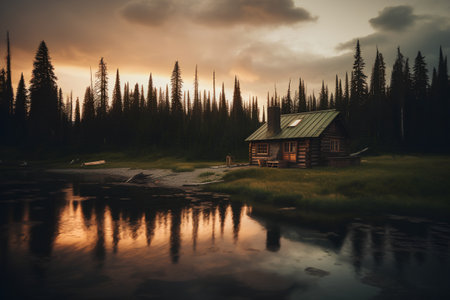 Wooden house in the middle of a forest lake at sunset.の素材