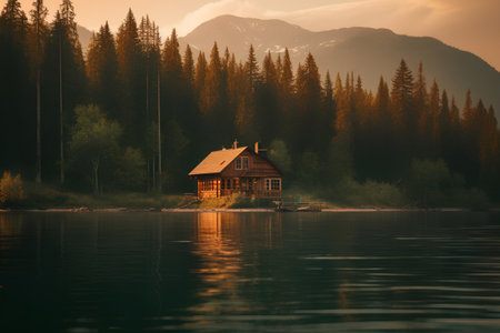 Wooden house on the shore of a mountain lake at sunset.の素材