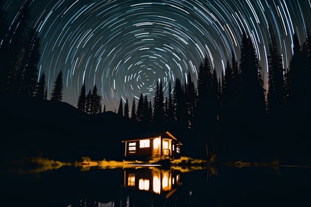 Beautiful night landscape with star trail over a lake in the mountainsの素材