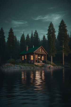 beautiful wooden house on the shore of a lake at night.の素材