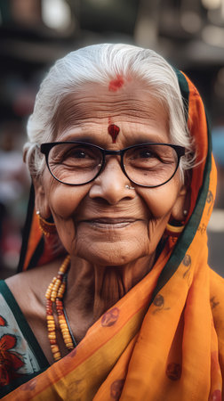 Close up portrait of an old Indian woman wearing glasses and a scarfの素材