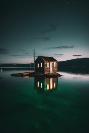 Abandoned wooden house on the lake at night. 3d renderingの素材