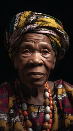 Portrait of an elderly African woman with traditional clothes on a black background.の素材