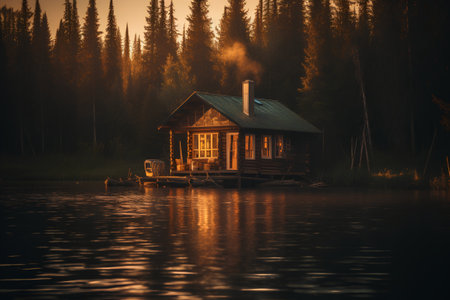 Wooden cottage on the lake in the forest at sunset. 3d renderingの素材