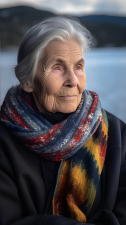 Portrait of an elderly woman in a warm sweater and scarf.の素材