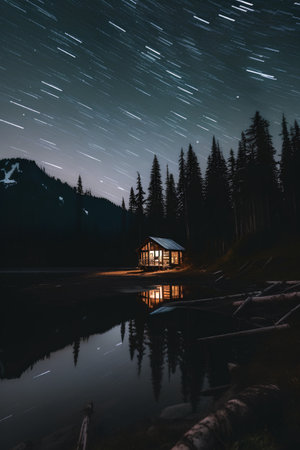 Beautiful night landscape with a lake in the mountains. Starry sky above the lake.の素材