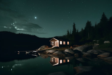 Lonely house on the lake at night with starry skyの素材