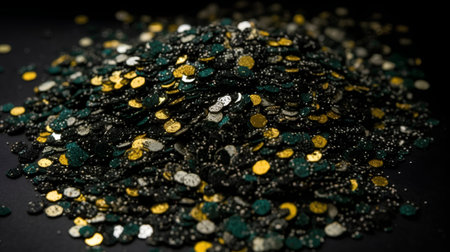 Colored sequins on a black background. Shallow depth of field.の素材