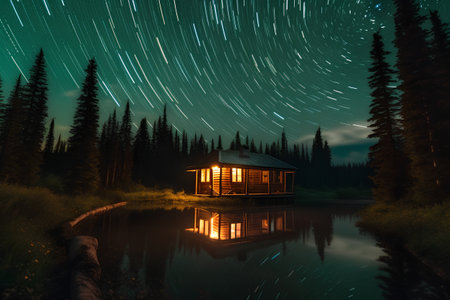 Beautiful night landscape with starry sky over the lake with wooden houseの素材