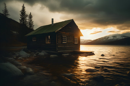 Old wooden cabin on the shore of Lake Tahoe at sunset.の素材