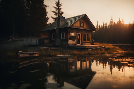 Wooden house on the bank of lake in the mountains at sunsetの素材