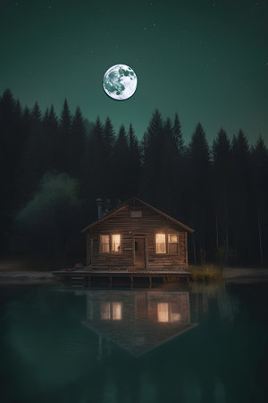 Wooden house on the lake at night with a full moon.の素材