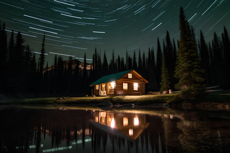Mountain hut on the lake at night with starry sky.の素材