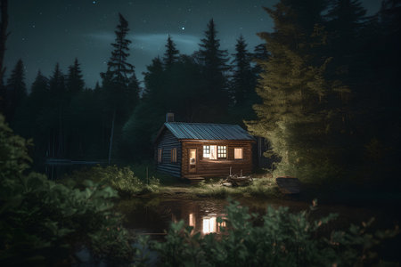 Wooden cottage on the shore of a lake in the forest at nightの素材
