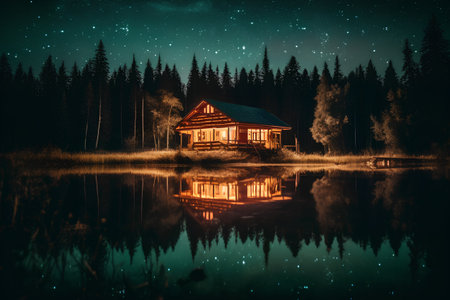 Beautiful night landscape with a small house on a lake in the forestの素材