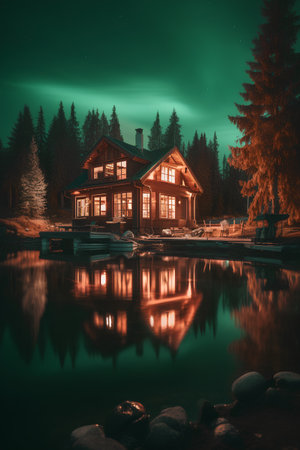 Beautiful night landscape with a wooden house by the lake in the forestの素材