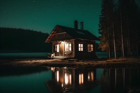Small wooden house on the lake at night with stars in the skyの素材