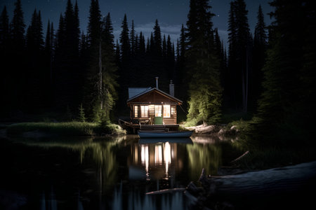 Wooden house on the lake in the forest at night with starry skyの素材