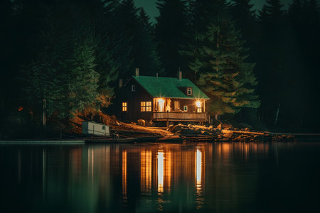 Beautiful cottage on the shore of the lake at night in the forestの素材