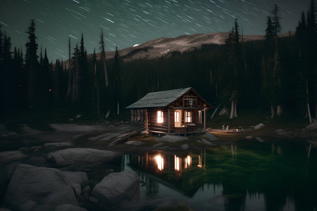 Mountain hut in the middle of a lake at night with starsの素材