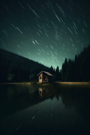 Night landscape with wooden house on the lake and starry sky.の素材