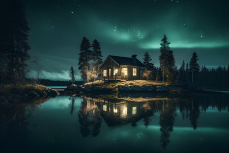 Aurora borealis over a wooden house on the lake.の素材