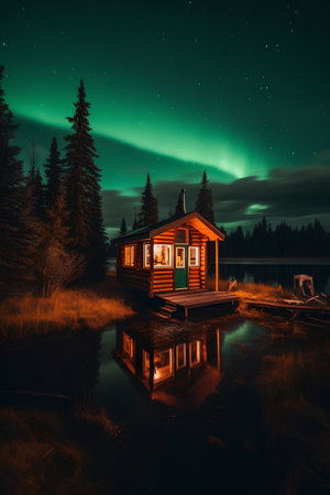 Aurora borealis, northern light over a wooden house on a lakeの素材
