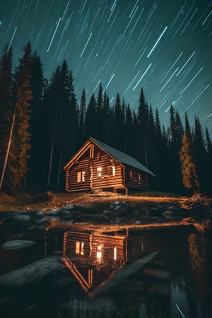 Night starry sky over mountain lake with wooden house in the forestの素材