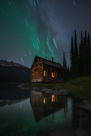 Aurora borealis over wooden house on mountain lake at night.の素材