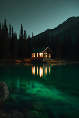Mountain lake at night with reflections of mountains and wooden house.の素材