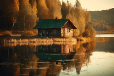 Wooden house on the lake in autumn forest. Vintage style.の素材
