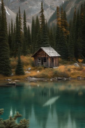 Autumn alpine lake with a wooden house in the mountains.の素材