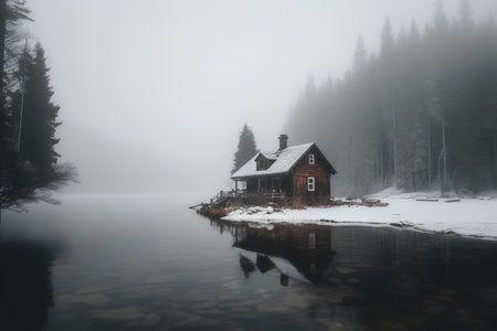 Wooden house on the shore of lake in a foggy morningの素材